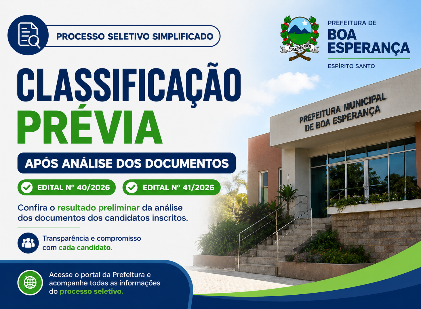 Foto da notícia: Prefeitura de Boa Esperança divulga classificação prévia após análise documental dos Editais nº 40 e nº 41/2026 do Processo Seletivo Simplificado