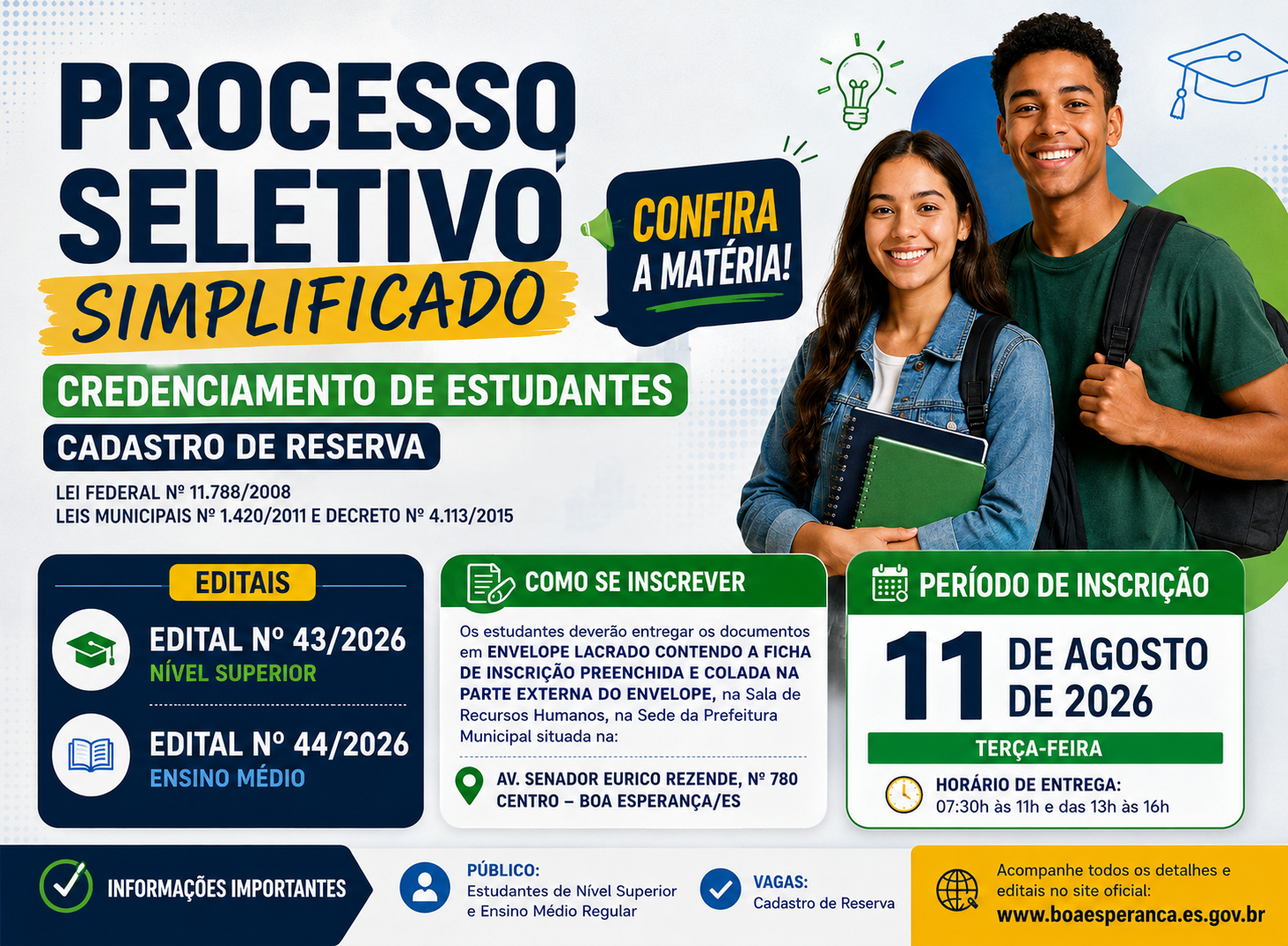 Foto da notícia: Prefeitura de Boa Esperança abre inscrições para credenciamento de estagiários de níveis Superior e Médio